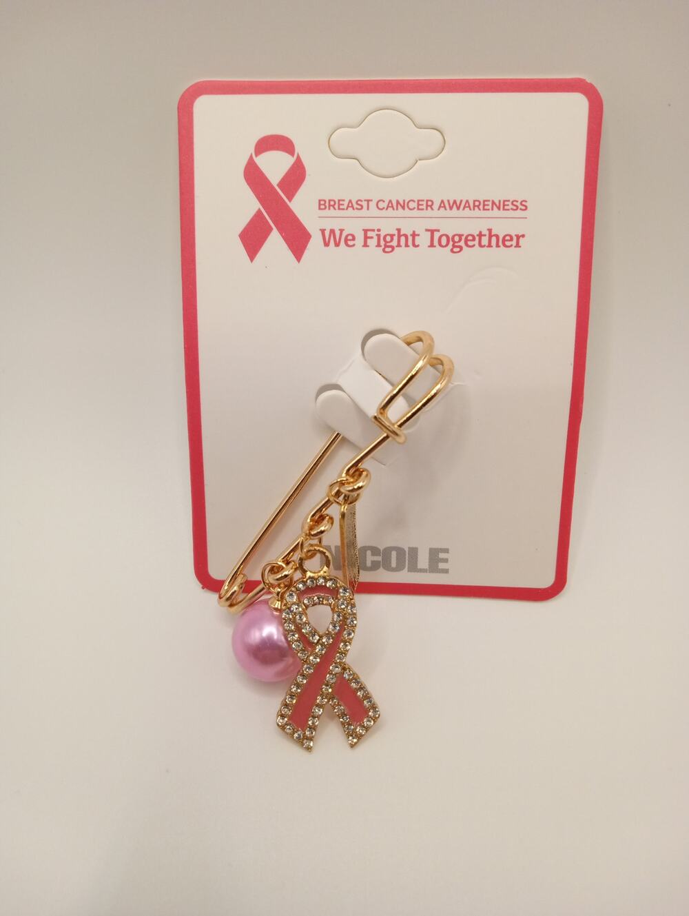 BREAST CANCER SAFETY PIN BROOCH GOLD TONE 1200-1206
